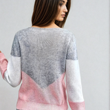 Loose knit sweater back, gray knit with pink hem and white sleeve cuffs