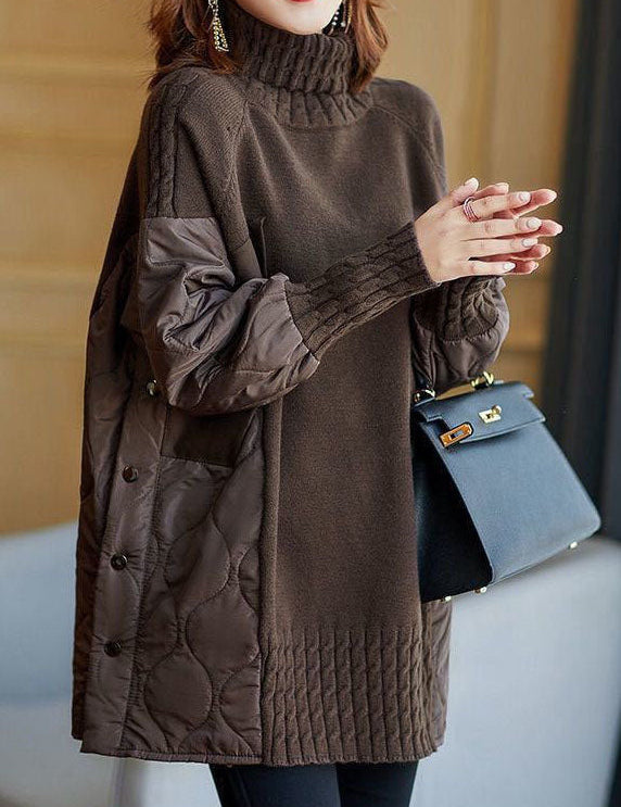 Dark brown patchwork turtleneck sweater with ribbed hem and quilted sleeves
