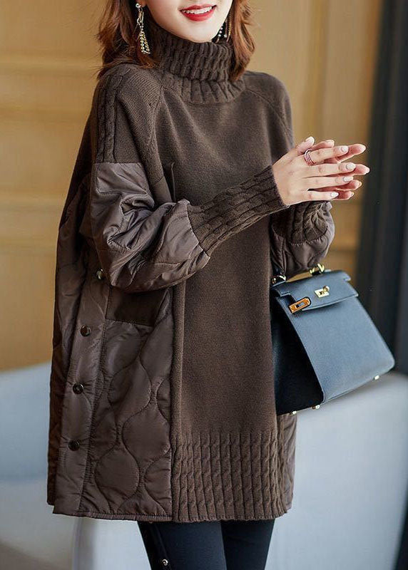 Dark brown patchwork turtleneck sweater with ribbed hem and quilted sleeves
