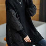 Black patchwork turtleneck sweater with ribbed knit hem and quilted arm panels