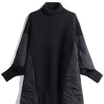 Black patchwork turtleneck sweater, ribbed collar and hem with quilted side panels