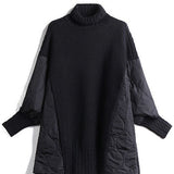 Black patchwork turtleneck sweater, ribbed collar and hem with quilted side panels