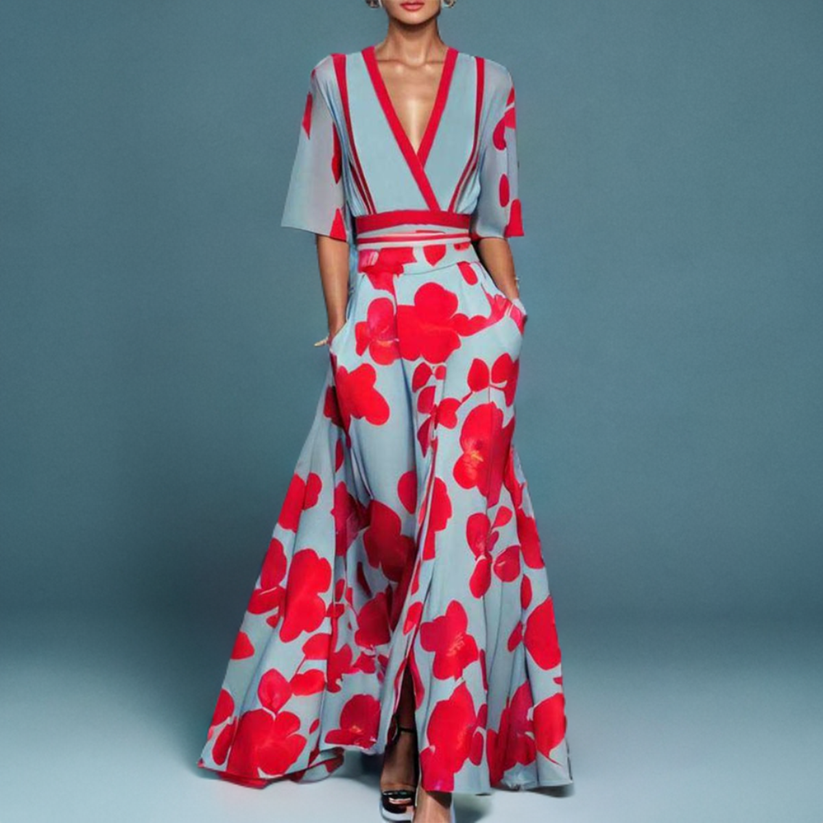 Maxi dress in light blue with red floral, V-neck and red waist sash, short sleeves