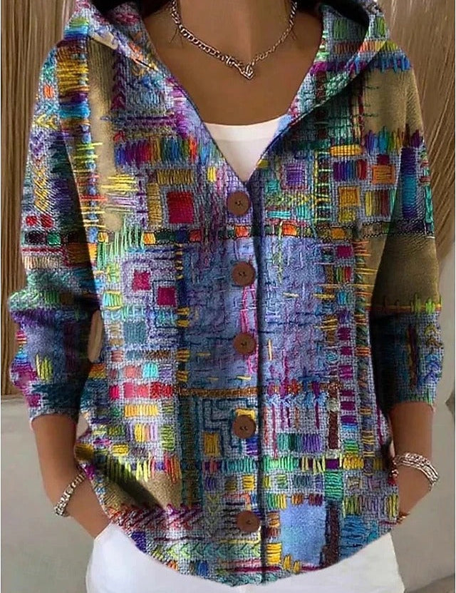 Hooded long-sleeve cardigan with multicolor geometric knit and button front