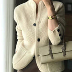 Off-white chunky knit cardigan with button front, dark cuff buttons