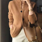 Caramel knit cardigan with button front and dark buttons, long sleeves
