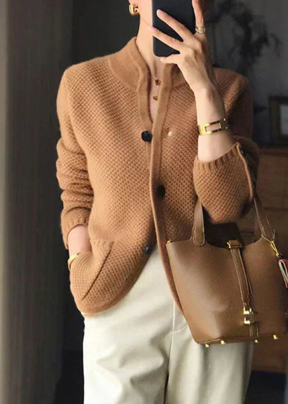 Caramel knit cardigan with button front and dark buttons, long sleeves