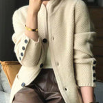 Off-white cozy knit cardigan with button placket and dark cuff buttons