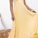 Yellow pleated V-neck maxi dress with spaghetti straps and fitted bodice