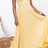 Yellow pleated V-neck maxi dress with spaghetti straps and fitted bodice