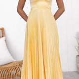 Yellow pleated V-neck maxi dress, twist-front bodice, thin shoulder straps