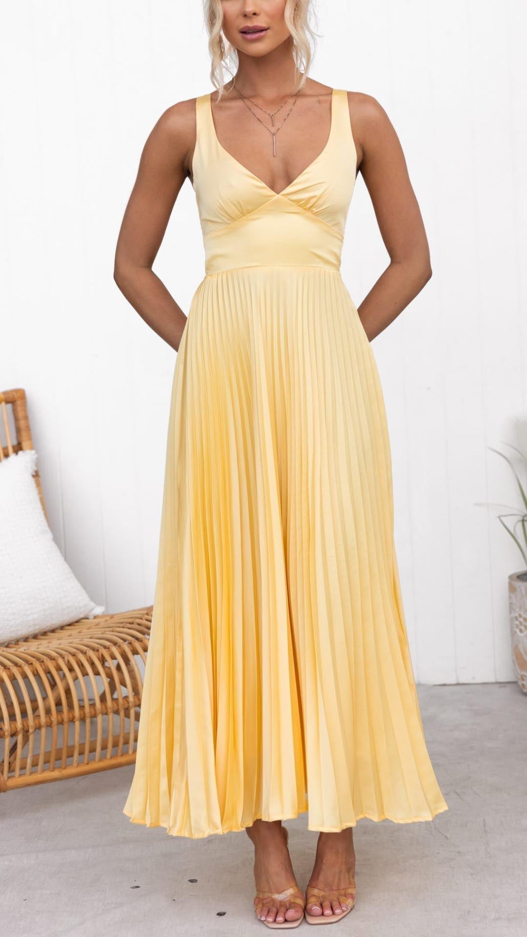 Yellow pleated V-neck maxi dress, twist-front bodice, thin shoulder straps