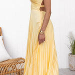 Yellow pleated maxi dress with V-neck, draped twist bodice and thin straps