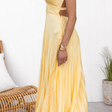 Yellow pleated maxi dress with V-neck, draped twist bodice and thin straps