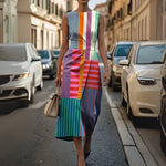 Multicolor geometric sleeveless midi dress, draped vertical stripe panels, side view