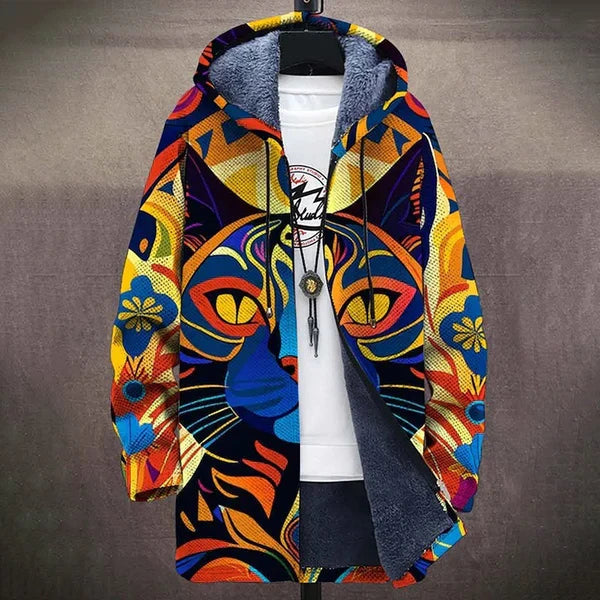 Cat-print zip-up cardigan with hood and fuzzy gray lining, colorful geometric pattern