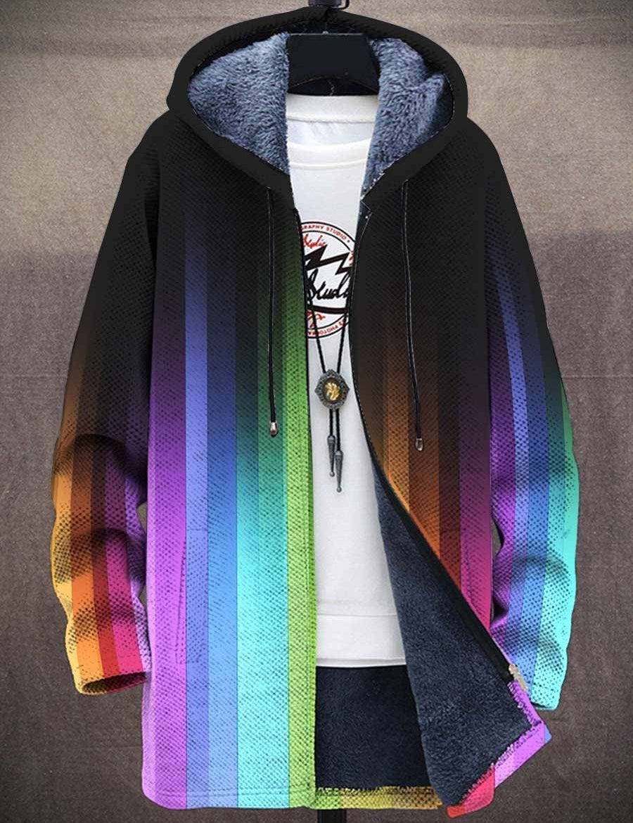 Tasma™ hooded cardigan with gradient rainbow stripes and dark exterior, zip front