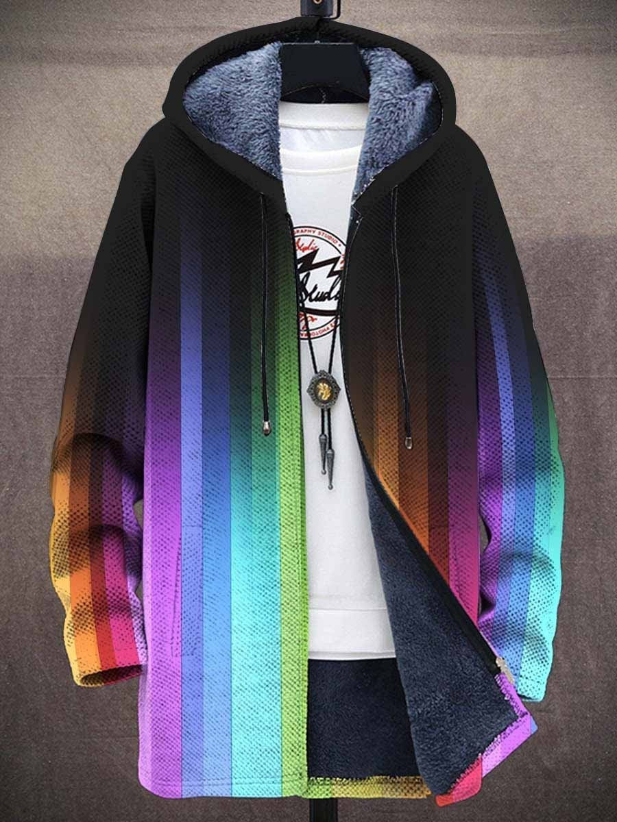 Tasma™ hooded cardigan with gradient rainbow stripes and dark exterior, zip front