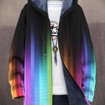 Tasma™ hooded cardigan with gradient rainbow stripes and dark exterior, zip front