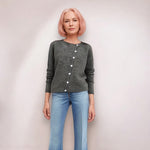 Gray button-front pullover sweater, long sleeves with round neckline