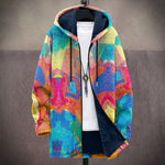 Tiarna™ art-inspired cardigan with multicolor abstract print, navy hood, full zip