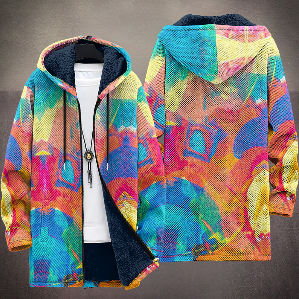Tiarna™ art-inspired cardigan with multicolor abstract print, navy-lined hood, full zip