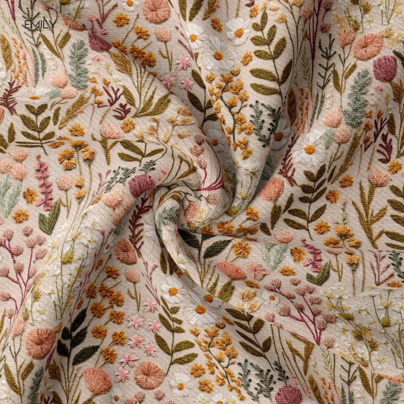 Cream knit pullover fabric close-up with multicolor floral pattern and crew neckline