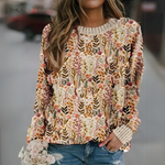 Floral knit pullover worn: cream with multicolor plant print, crew neck, long sleeves