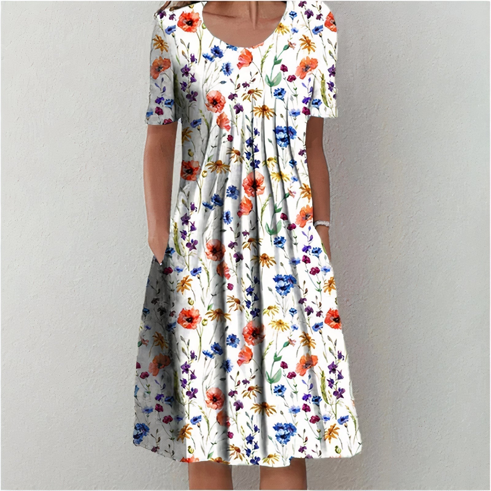 Floral midi dress with scoop neckline and short sleeves, gathered skirt