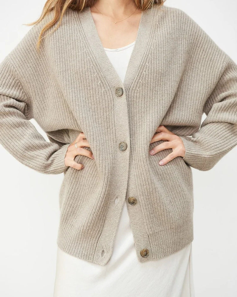 Cozy knit button-front cardigan in light heather gray with V-neck and ribbed cuffs