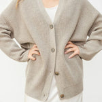 Cozy knit button-front cardigan in light heather gray with V-neck and ribbed cuffs