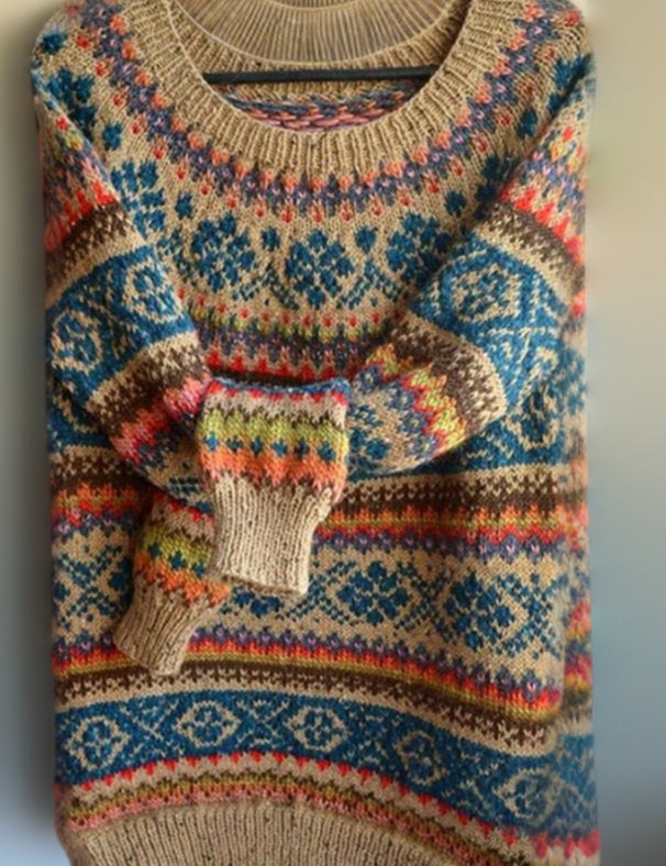 Clari loose-knit sweater, multicolor fair-isle pattern with tan base