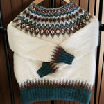 Fride vintage sweater, off-white fuzzy knit with teal and brown fair-isle pattern