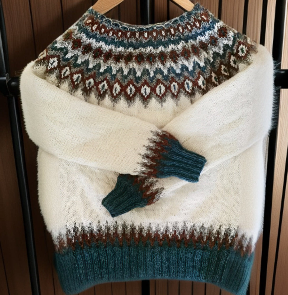 Fride vintage sweater, off-white fuzzy knit with teal and brown fair-isle pattern