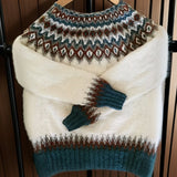 Fride vintage sweater, off-white fuzzy knit with teal and brown fair-isle pattern