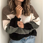 Striped knit sweater with long sleeves, crew neck, brown and white with dark accents and trim