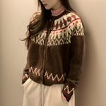 Brown fair isle knit cardigan sweater with zip front and red zigzag patterns