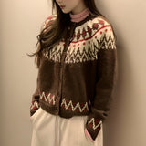 Brown fair isle knit cardigan sweater with zip front and red zigzag patterns