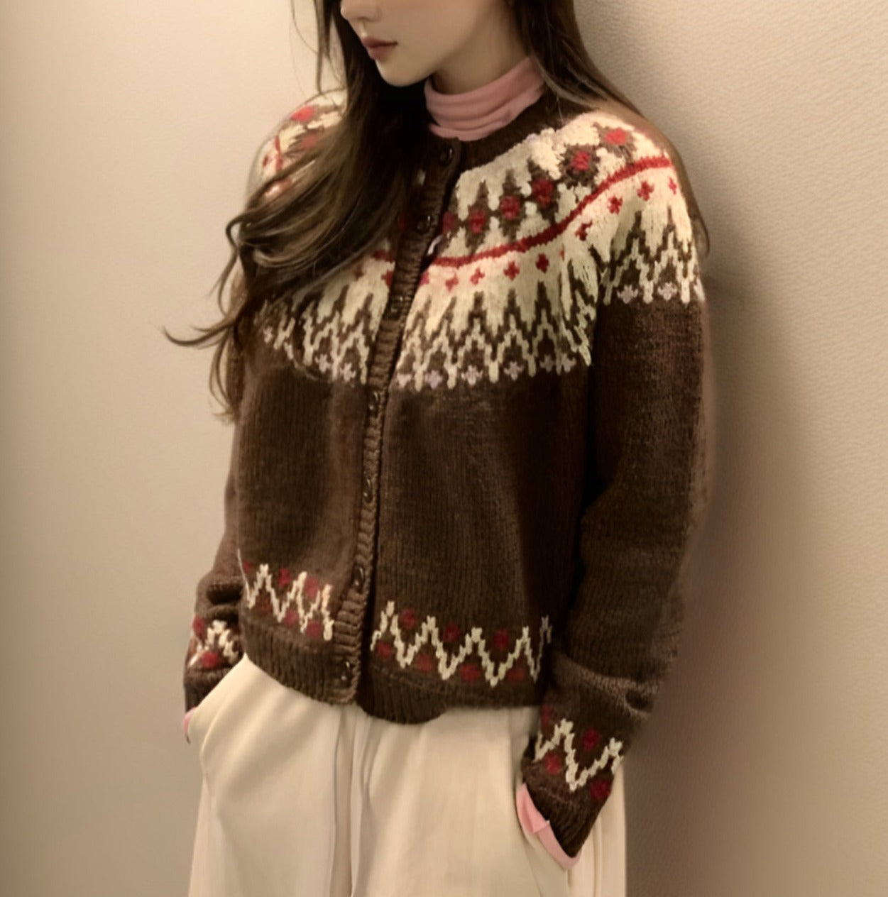 Brown fair isle knit cardigan sweater with zip front and red zigzag patterns
