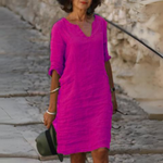 Luigia summer dress with belly covering, fuchsia V-neck, 3/4 sleeves, knee length