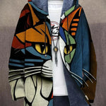 Multicolor hooded zip-up cardigan with abstract art print and dark lining