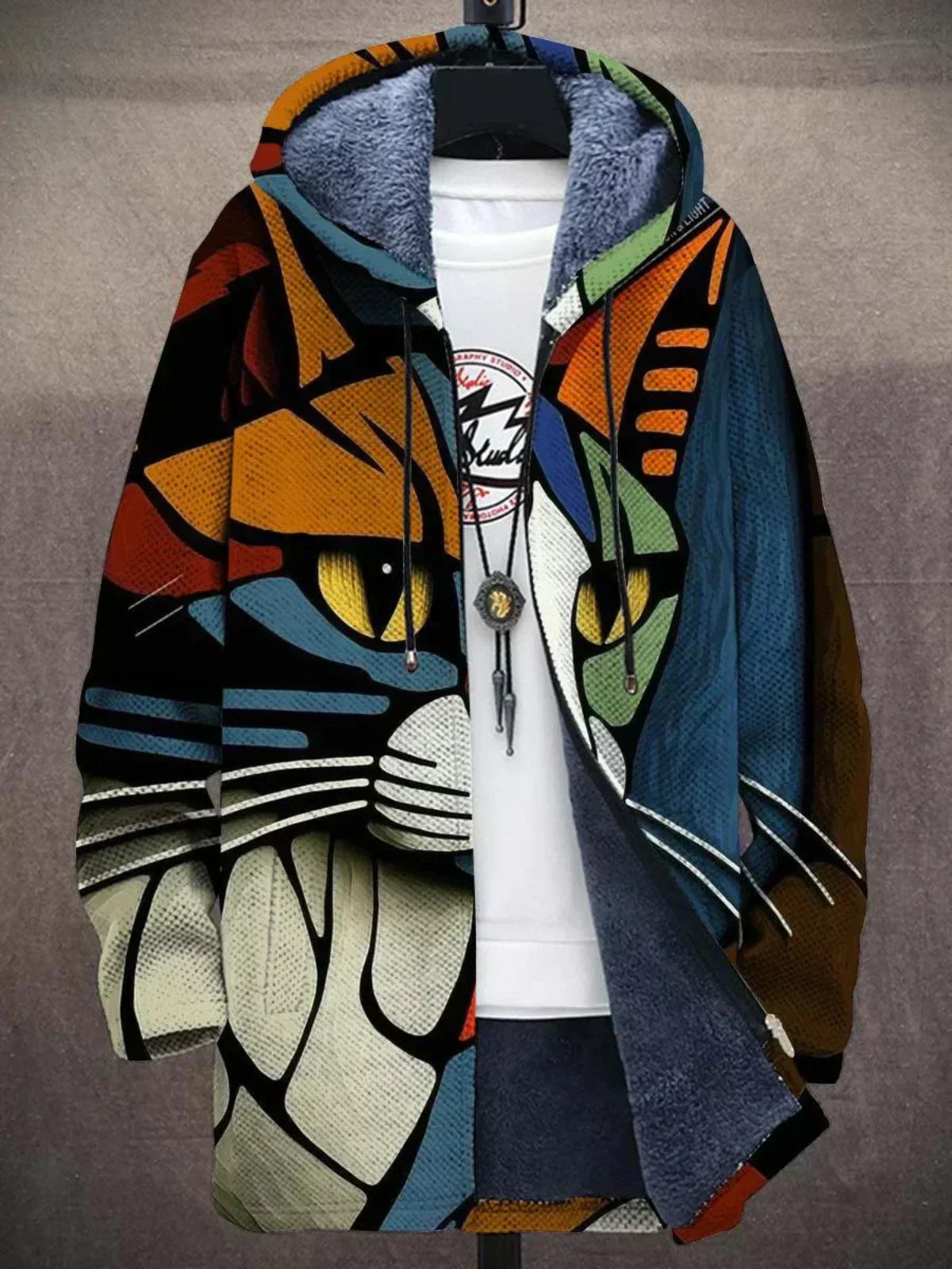 Multicolor hooded zip-up cardigan with abstract art print and dark lining