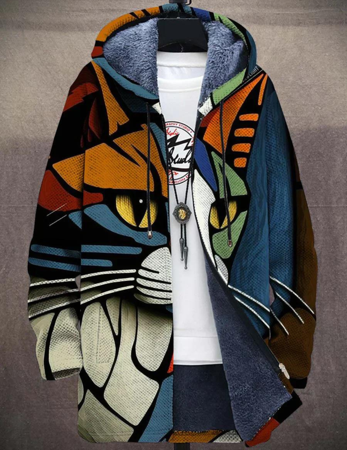 Multicolor cat-motif cardigan sweater, zip front, hood with blue faux-fur lining