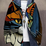 Multicolor cat-motif cardigan sweater, zip front, hood with blue faux-fur lining