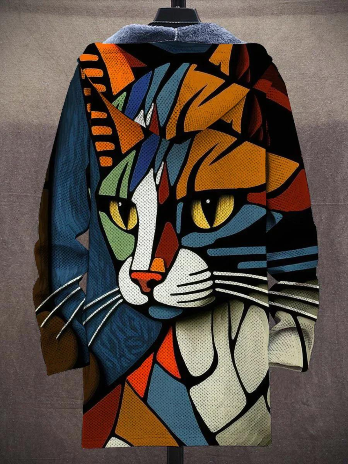 Multicolor cat-face cardigan sweater, zip front, hood with blue faux-fur lining