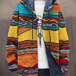 Multicolor hooded zip-up cardigan with patterned knit and dark inner lining