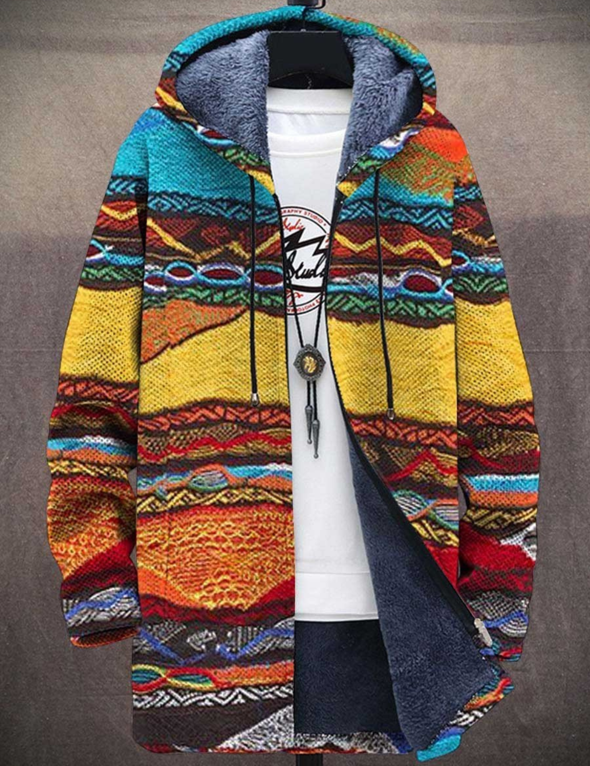 Multicolor hooded zip-up cardigan with patterned knit and dark inner lining