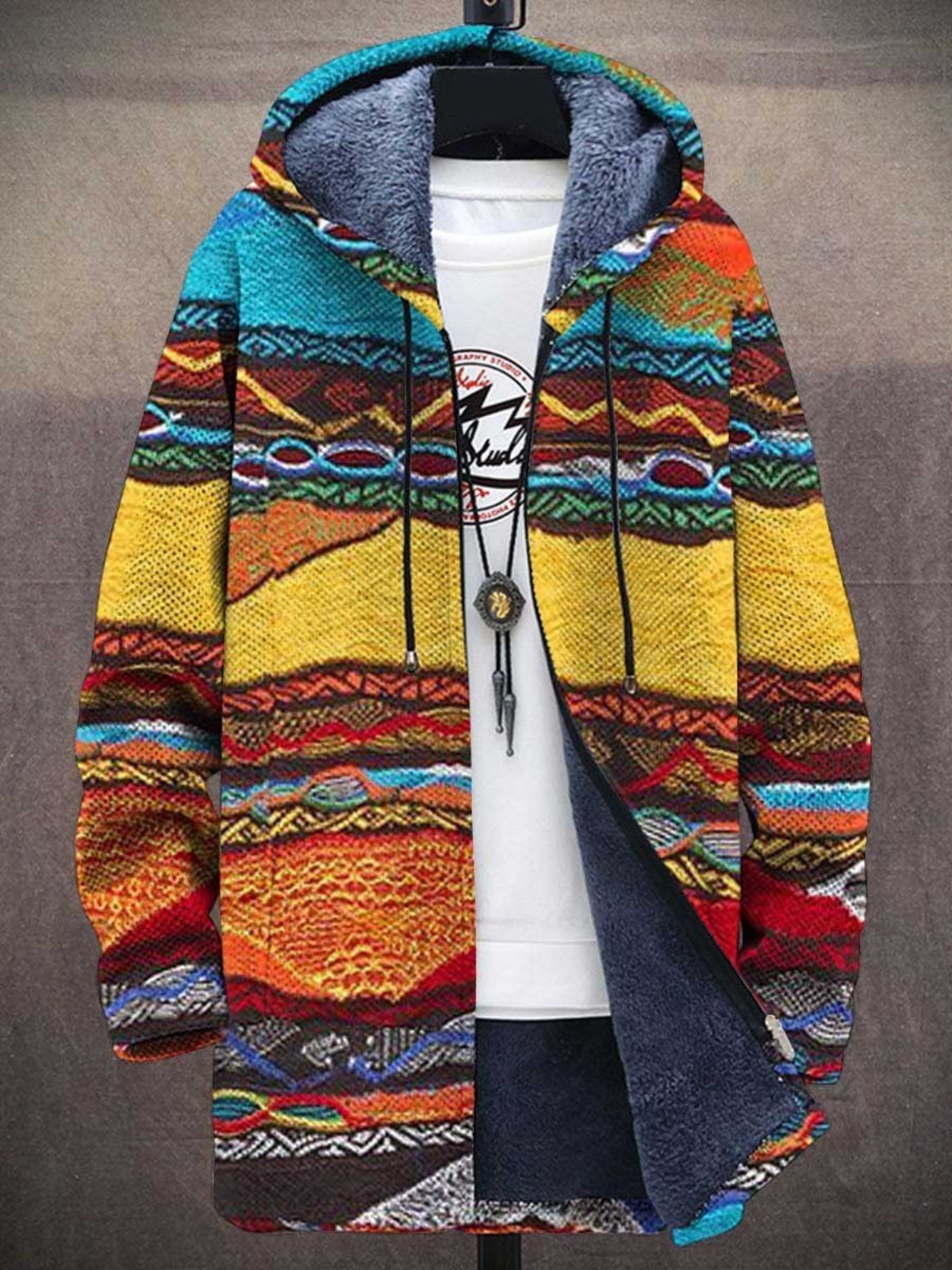 Multicolor hooded zip-up cardigan with patterned knit and dark inner lining