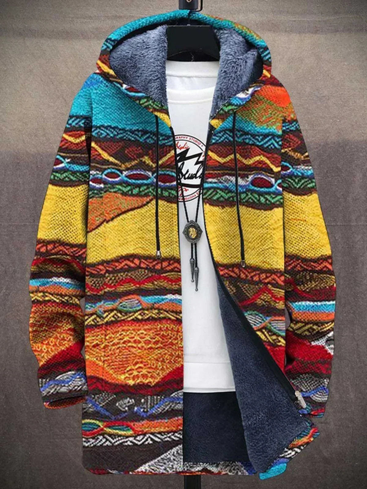 Multicolor patterned hooded knit cardigan with front zipper and fleece lining