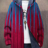 Red and blue striped hooded knit cardigan with front zip and fleece lining